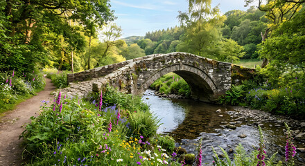 Stone Arched Bridge Over Calm River in Lush Green Forest Landscape