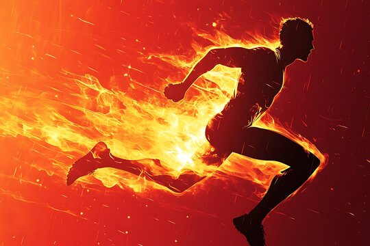 Dynamic silhouette of a man running through flames with fiery background and energetic motion conveying determination and passion