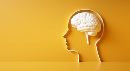 Plakat Conceptual artwork showing a 3D silhouette of a head with white brain against yellow wall 
