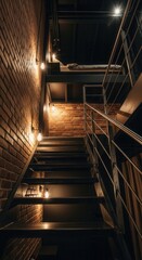Industrial Staircase Ascending in Dimly Lit Interior with Brick Wall and Metallic Structure