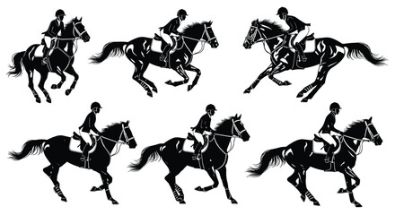 Set of Six Black Horse Rider Silhouettes, Equestrian Galloping Motion Icons, Professional Horseback Riding Stunts, Minimalist Gallop Gait Vector Illustration