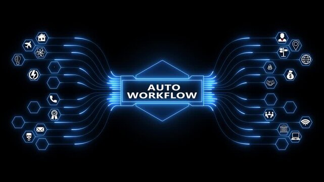 Digital automation dashboard featuring Auto Workflow interface with secure process monitoring and advanced corporate system integration technology 4K animation video