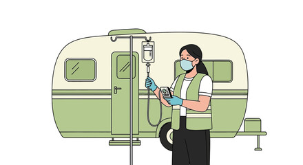 Mobile Healthcare Nurse Administering IV Drip Therapy Outside Vintage Camper