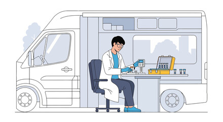 Mobile Lab Technician Conducting Medical Tests Inside Van