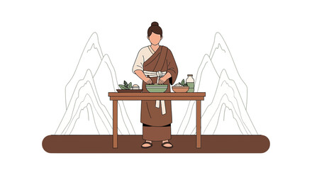 Monk Preparing Food in Mountains, Tibetan Culture, Healthy Meal