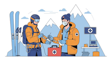 Mountain Rescue Doctor Administering Aid to Injured Skier