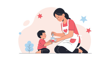 Mother Giving Medicine to Child, Caring for Kid's Health, Home Healthcare Illustration