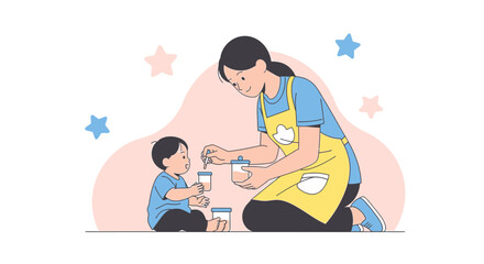 Mother Feeding Baby Food, Caring Mom and Child, Healthy Nutrition, Family Love