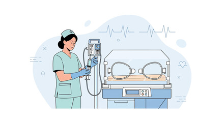 Neonatal Intensive Care Nurse with Incubator and Medical Equipment