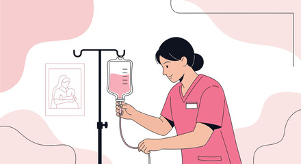 Nurse Adjusting IV Drip Bag for Patient Care - Medical Illustration