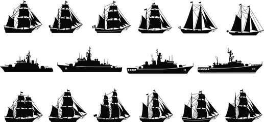 Black silhouette illustration of sailing ships and modern naval warships, showcasing maritime evolution, vessel designs, masts, sails, antennas, and military technology © Azom