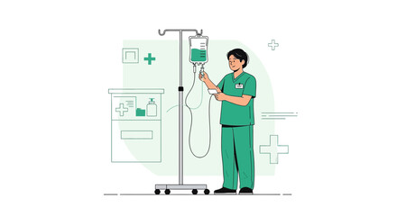 Nurse Adjusting IV Drip Bag in Medical Room - Healthcare Illustration