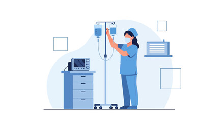 Nurse Adjusting IV Drip Bag Next to Medical Equipment - Healthcare Illustration