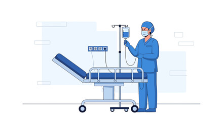 Nurse Adjusting IV Drip Bag Next to Hospital Bed in Modern Clinic - Illustration