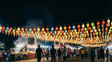 Obraz premium A silhouette of a diverse business group and urban travelers walking through a crowded Bangkok street illuminated by city lights during a festive night party