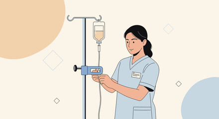 Nurse Adjusting IV Drip for Patient Care, Medical Infusion Illustration