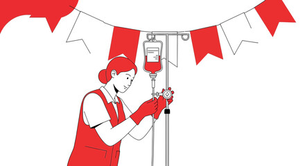 Nurse Adjusting IV Drip Bag with Red Bunting Decoration - Medical Care Illustration