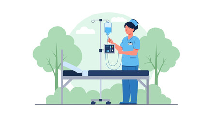 Nurse Adjusting IV Drip for Patient in Hospital Bed Outdoors