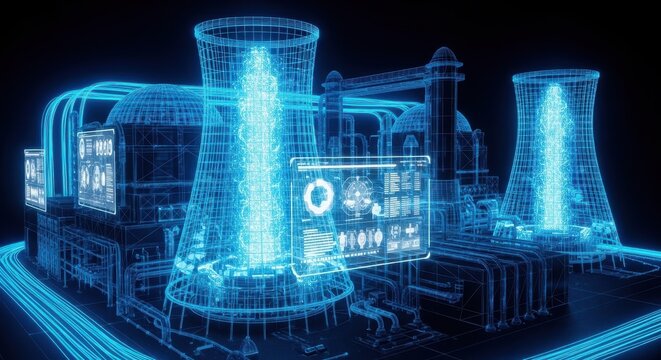 Blue holographic nuclear power plant model glowing with digital data on black background