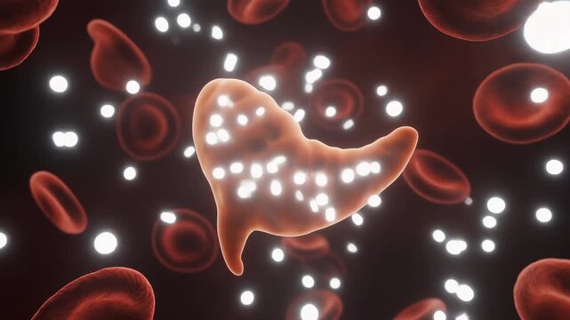 Microscopic view of an abnormally shaped blood cell, glowing with internal markers, surrounded by healthy red cells, illustrating cellular pathology and biomedical insight
