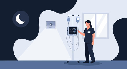 Nurse Adjusting IV Drip Machine in Hospital Room at Night