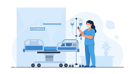 Nurse Adjusting IV Drip Next to Hospital Bed - Healthcare Illustration