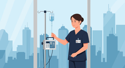Nurse Adjusting IV Drip Machine with City Skyline Background