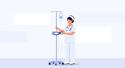 Nurse Adjusting IV Drip Stand with Infusion Pump, Medical Care Illustration