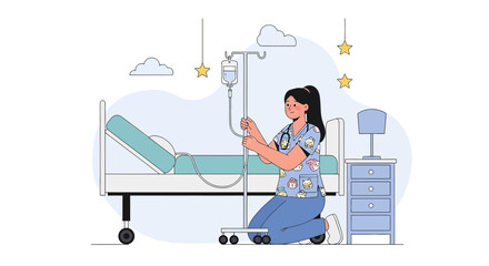 Nurse Adjusts IV Drip Beside Hospital Bed in Minimalist Medical Illustration