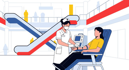 Nurse Administering Blood Draw to Patient in Modern Clinic Setting with Escalators