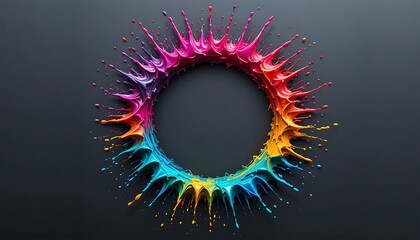 Vibrant circular explosion with radiant, multicolored digital particle effects