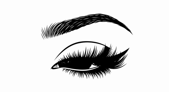 Black and white sketch of a woman's eye with full lashes and brow