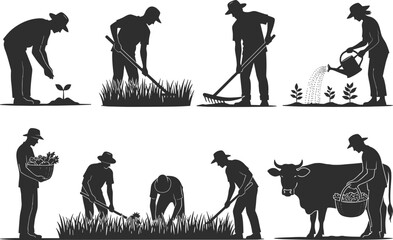 Farming vector illustration, black and white agriculture icon, planting harvesting silhouette, rural lifestyle artwork, crop cultivation design, livestock care 