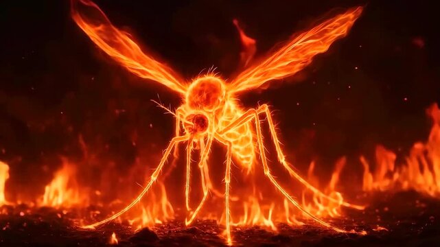 Fiery mosquito spreading its wings in a burning landscape