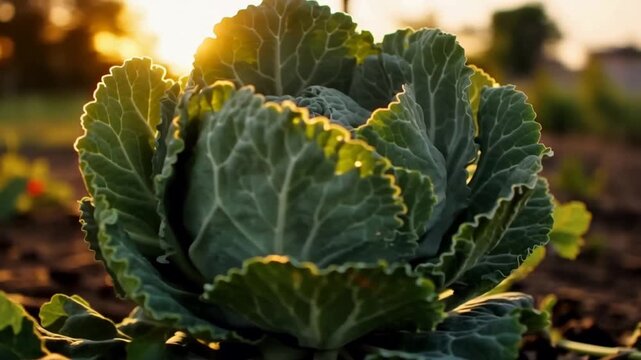 Fresh green cabbage thriving in a home garden bathed in warm golden sunset light.