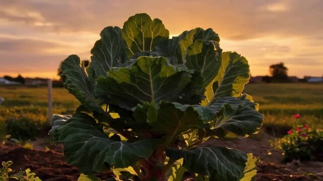 Golden Sunset Glows on Lush Green Cabbage Plant in Fertile Garden Field.