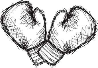Hand drawn boxing gloves sketch in black ink, sports equipment illustration for fighting and training