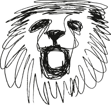 hand drawn sketch of roaring lion face with mane in black ink lines