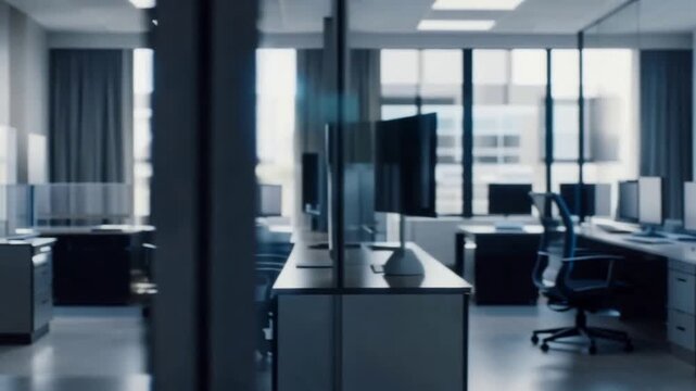 Bright, professional modern office space with empty desks and computers in a corporate setting.