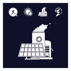 Naklejka premium An illustration of a factory with solar panels and industrial elements on a dark blue background