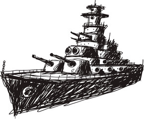Obraz premium hand drawn battleship warship sketch with multiple cannons and detailed turret structure