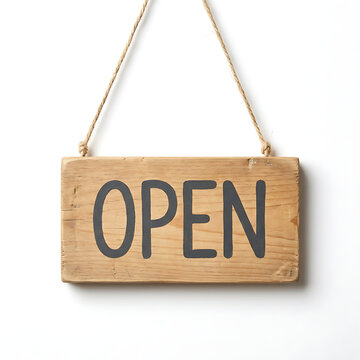 Wooden open sign hanging on string against white background  