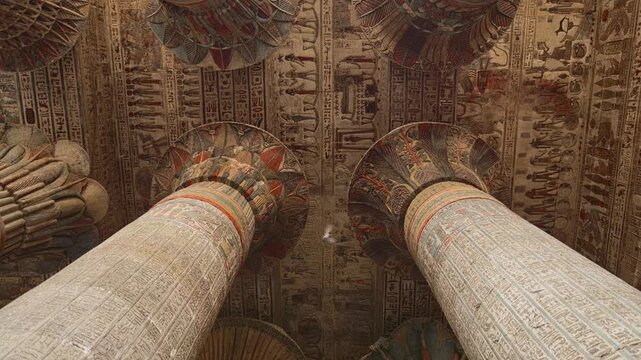 Egypt. Esna temple hypostyle hall with massive painted columns and colorful hieroglyphic reliefs on ceiling in Egypt, ancient Roman-era architecture with preserved pigments and carvings.