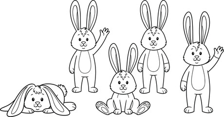Obraz premium Cute Bunny Outline Coloring Page Set Cartoon Rabbit Vector Illustration