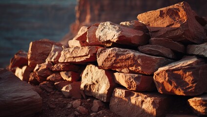 Fototapeta premium Natural stone wall in warm sunlight with rugged canyon landscape background