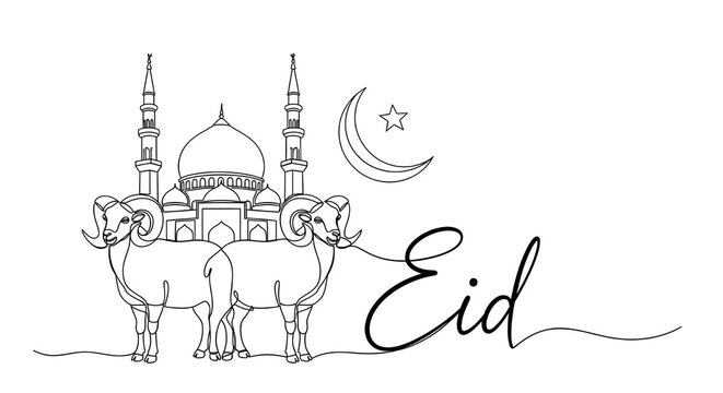 Eid celebration with rams and mosque under crescent moon