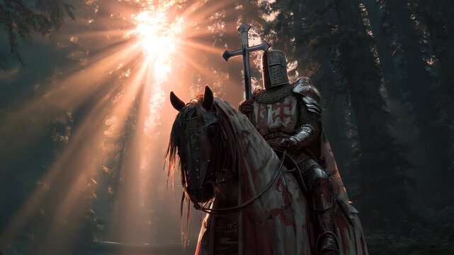 crusader warrior holding holy shining cross on horse