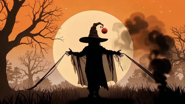 Creepy Witch Silhouette At Sunset Timelapse.