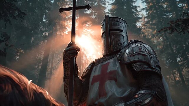 crusader warrior holding holy shining cross on horse