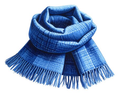A vibrant, detailed depiction of a folded, woven scarf with fringed edges. The scarf is a bright blue color, against a white background